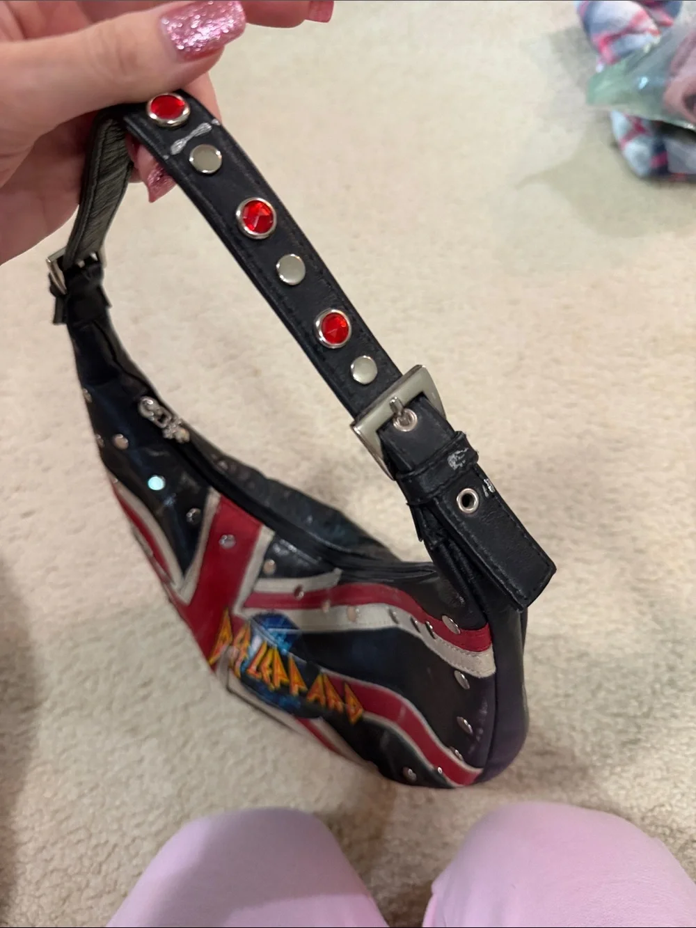 Def Leppard Black & Red Union Jack Crescent Shoulder Bag